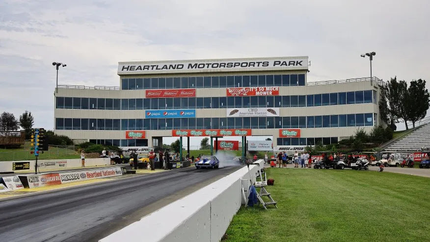 Heartland Motorsports Park control tower overlooking the drag strip.