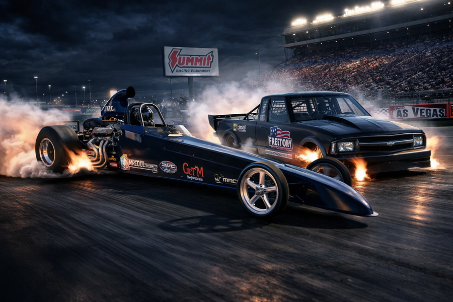 Fuel Factory race fuel powered dragster and Chevy S10 drag truck launching at Las Vegas Motor Speedway with MRCOOL DIY Direct racing team