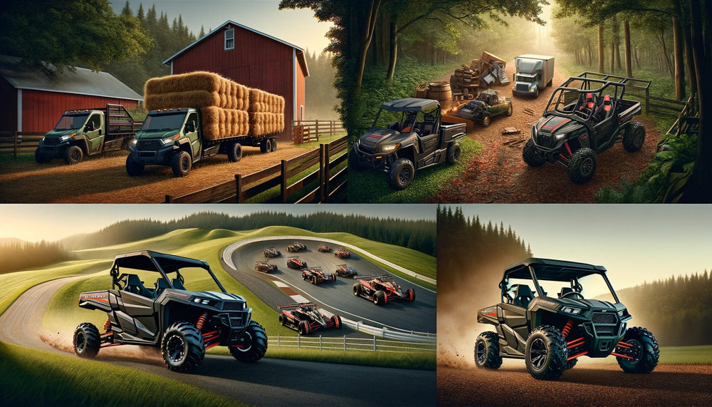 A lineup of Trailmaster UTVs displayed in various settings: one on a farm carrying hay bales, another at a construction site with tools