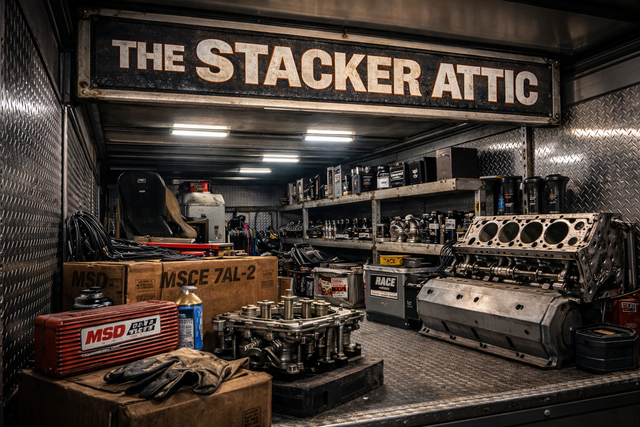 The Stacker Attic at Lee Motorsports featuring race-proven drag racing parts, including engine components, ignition systems, and performance equipment stored in a race trailer attic.