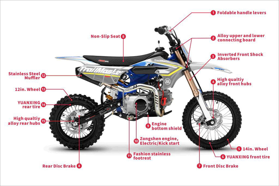 TrailMaster MK125ES Pro Series Dirt Bike, BOSCH EFI, 4-Speed, Electric Start, Dual Disc Brakes, (14/12) Wheels