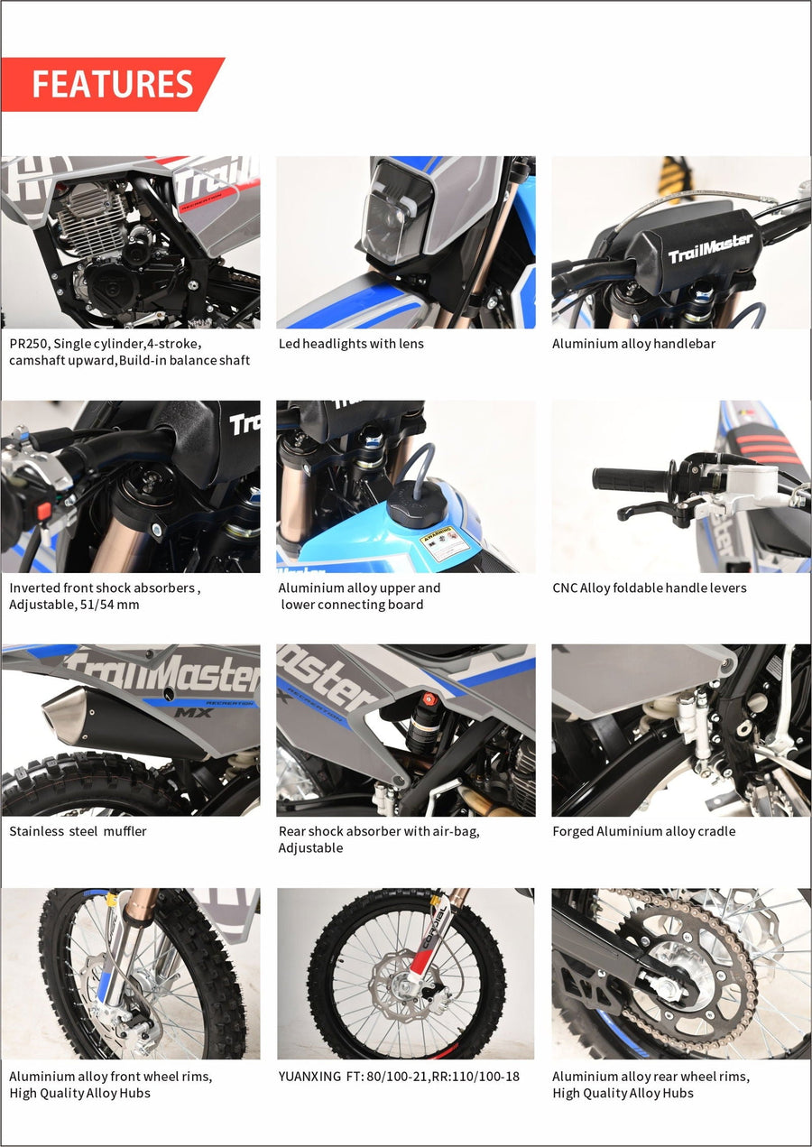 TrailMaster MX250-Pro Dirt Bike, 5-Speed Manual, Dual Disc Brakes, Electric Start (21/18) Wheels