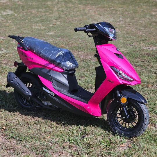 2022 RaceStar 50 Raspberry Scooter on clearance at Lee Motorsports, located between Joplin and Seneca, MO, featuring a 49cc engine, USB charging port, and sleek design.