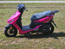 Load image into Gallery viewer, Front view of the RaceStar 50 Scooter in raspberry color, highlighting the LED lights and streamlined design, available at Lee Motorsports