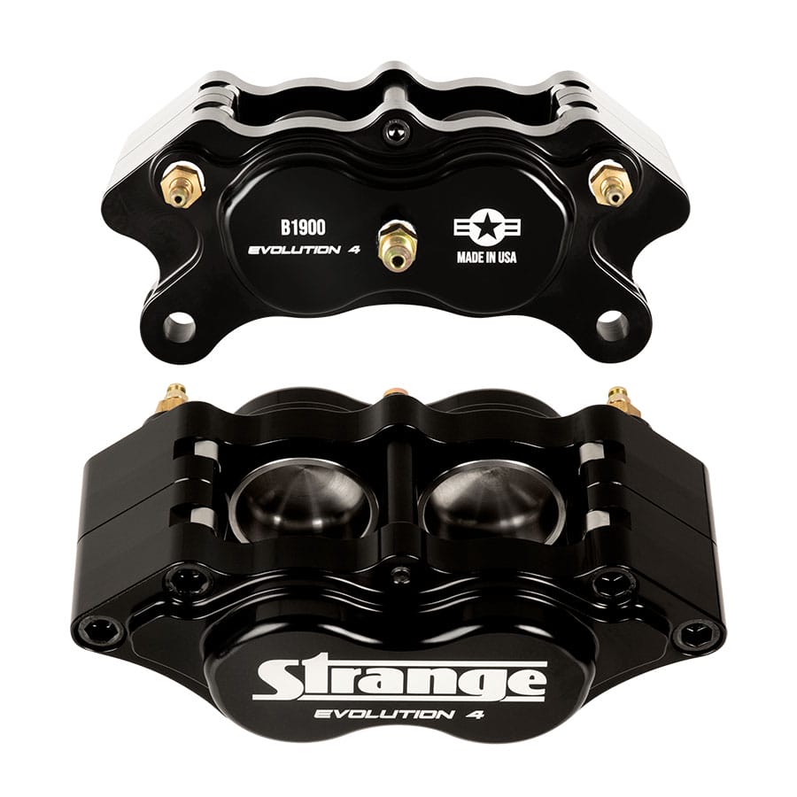Strange Evolution Dynamic Drive Mount Front Brake Kit | 2015-2023 Ford Mustang – 4 1/2″ B.C. | Evolution S Rotors, 4 Piston Billet Evolution 4 Calipers | With DTC-30 Semi Metallic Pads