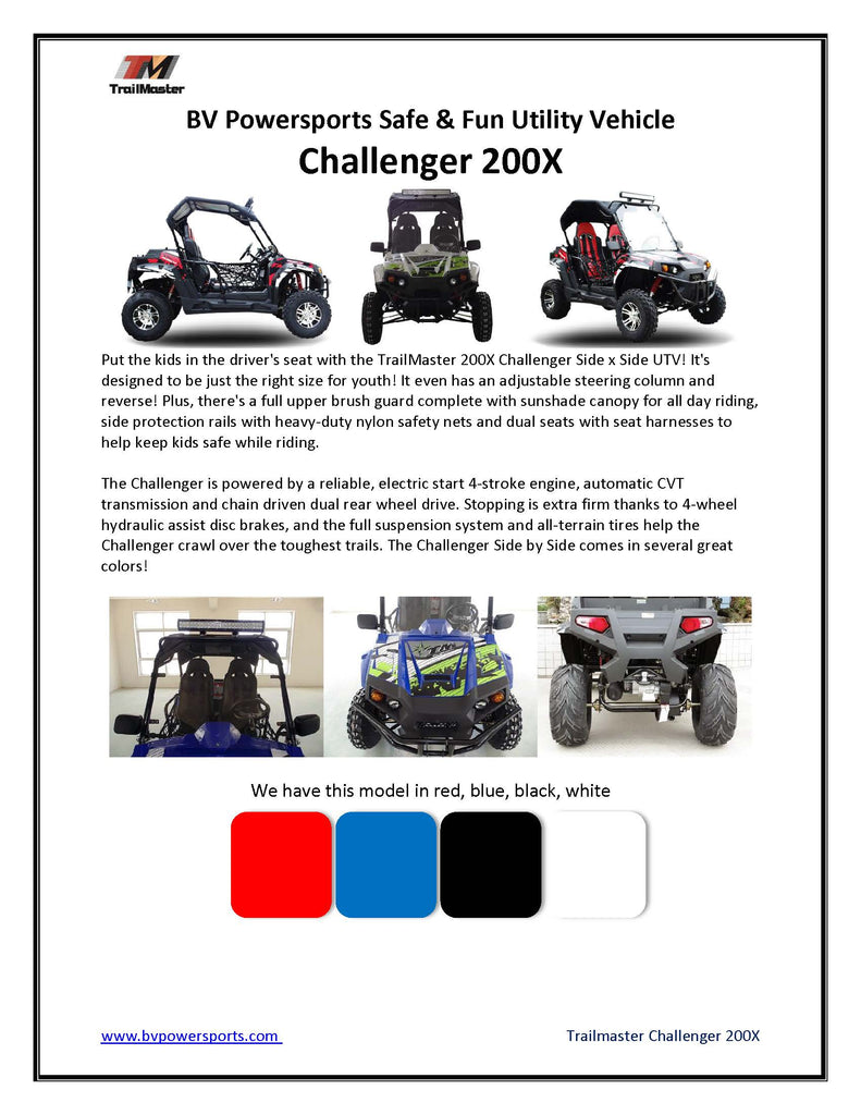 TrailMaster Challenger 200X UTV / Go kart Youth and Adult  adjustable Steering Wheel and Seat, Wind Shield, Light Bar