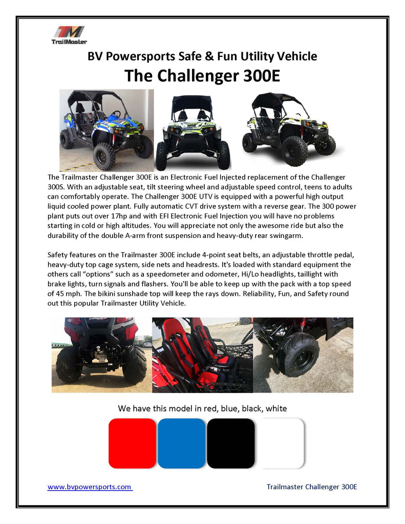 Trailmaster Challenger 300E EFI UTV / side-by-side, 52 Inch Wide, High Back Seats, CVT trans, Intergrated Hitch, Cargo Area, Bimini Top