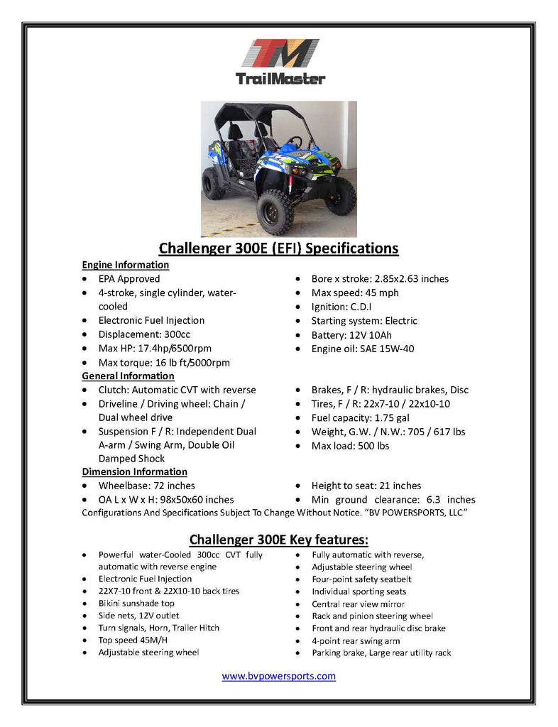 Trailmaster Challenger 300E EFI UTV / side-by-side, 52 Inch Wide, High Back Seats, CVT trans, Intergrated Hitch, Cargo Area, Bimini Top