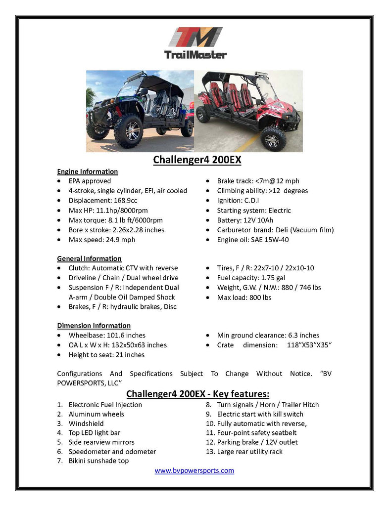 TrailMaster Challenger 4-200EX UTV side-by-side  Great Family Fun, Adjustable seat and steering Wheel, Throttle Limiter