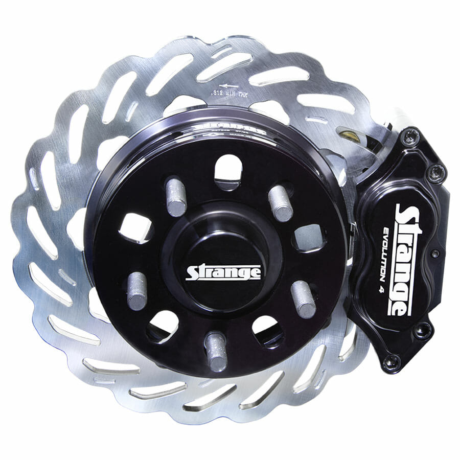 Strange Evolution Dynamic Drive Mount Front Brake Kit | 1994-2004 Ford Mustang – 4 1/2″ B.C. | Evolution S Rotors, 4 Piston Billet Evolution 4 Calipers | With DTC-30 Semi Metallic Pads