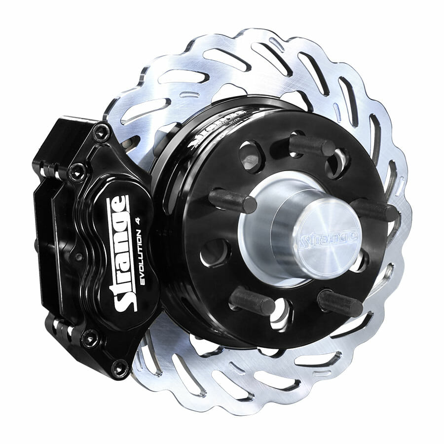 Strange Evolution Dynamic Drive Mount Front Brake Kit | ’87-’93 Mustang & ’87-’88 T/Bird – 4 3/4″ B.C. | Evolution S Rotors, 4 Piston Billet Evolution 4 Calipers | With DTC-30 Semi Metallic Pads