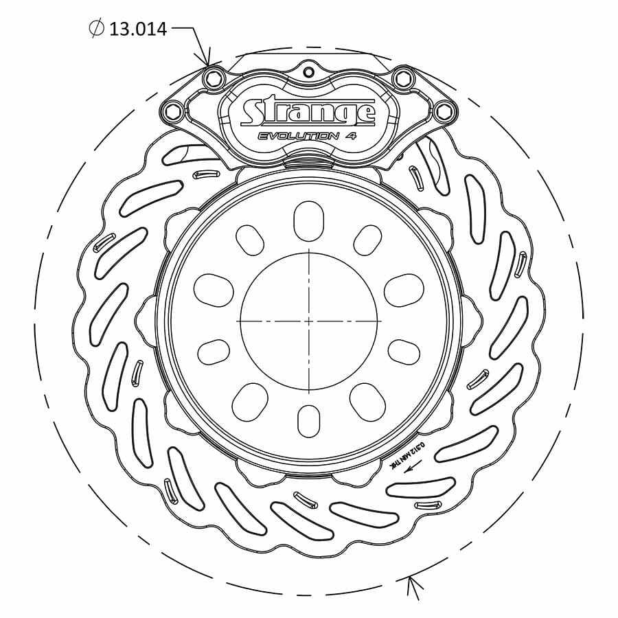 Strange Evolution Dynamic Drive Mount Front Brake Kit | 1994-2004 Ford Mustang – 4 1/2″ B.C. | Evolution S Rotors, 4 Piston Billet Evolution 4 Calipers | With DTC-30 Semi Metallic Pads