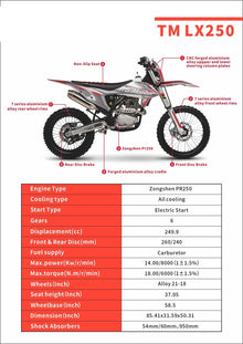 TrailMaster LX250 Dirt Bike, 6-Speed Manual, Dual Disc Brakes, Electric Start with Kick backup, (21/18) Wheels