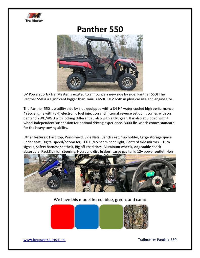 Fully Assembled Trailmaster Panther 550, Four Wheel drive, Larger Body, Heavy duty suspension, 34hp, EFI, High Low Range Automatic Trans, CA Legal, Ship by car carrier