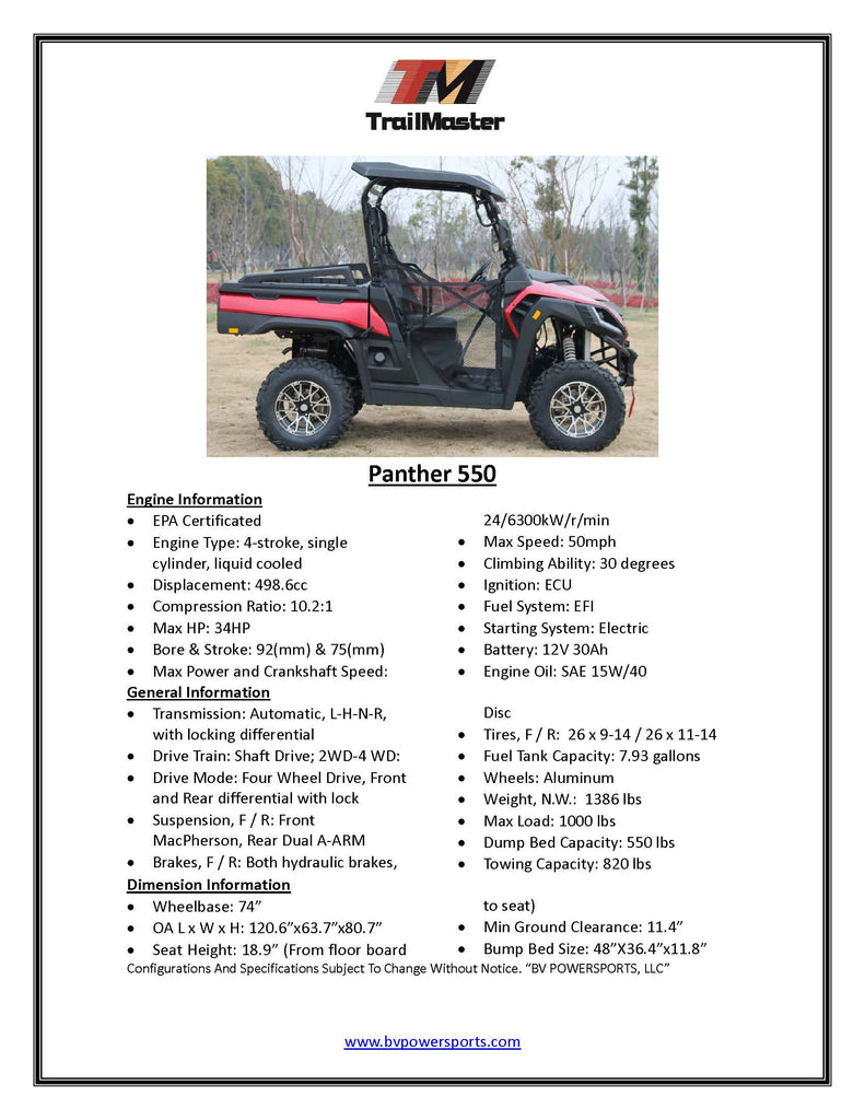 Fully Assembled Trailmaster Panther 550, Four Wheel drive, Larger Body, Heavy duty suspension, 34hp, EFI, High Low Range Automatic Trans, CA Legal, Ship by car carrier