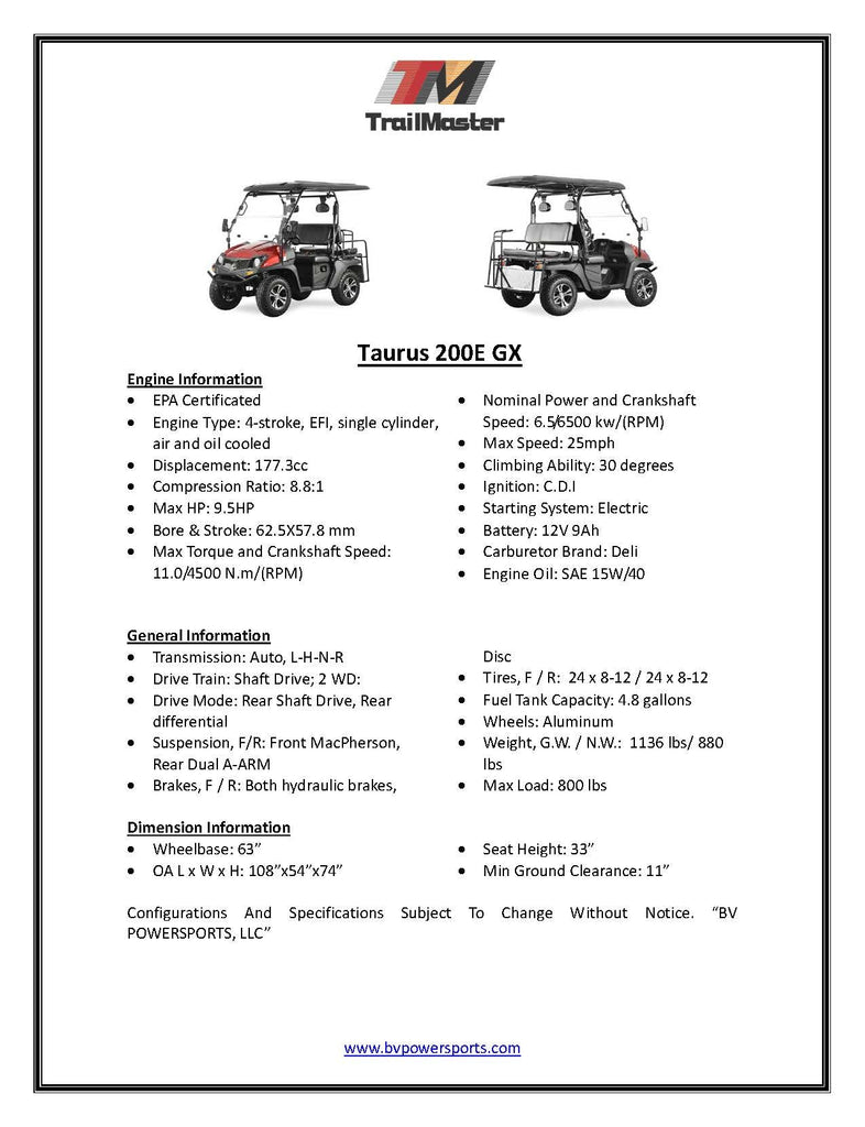 TrailMaster Taurus 200E-GX UTV Fuel-Injection-System Golf cart extended roof long roof, 4 seat with optional dump bed