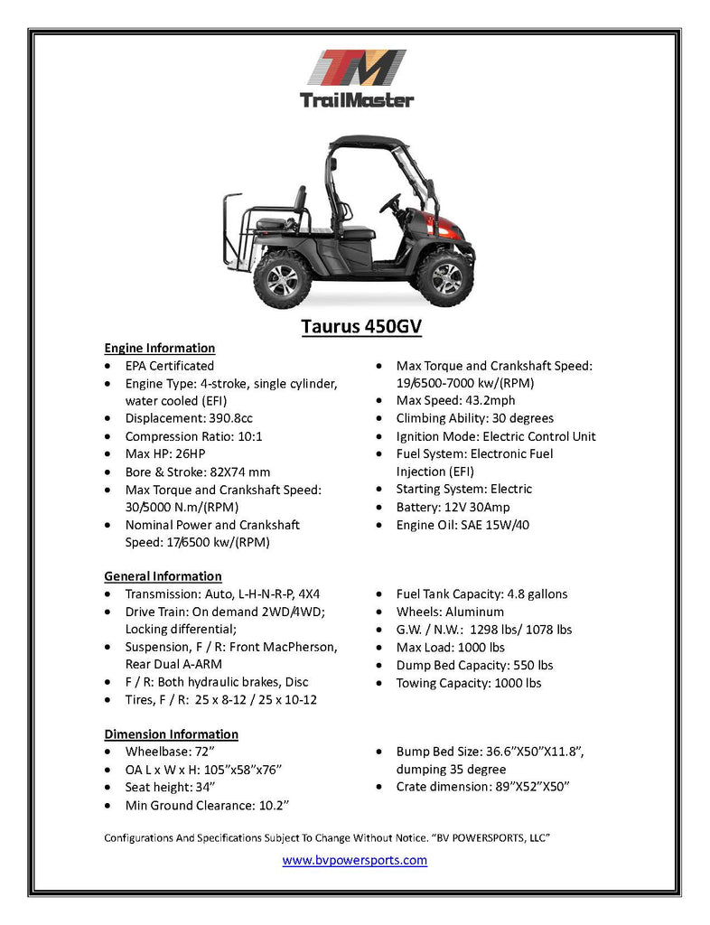 Trailmaster Taurus 450-GV 4 Seat UTV / Golf Cart Style / side-by-side 4X4 with High/Low Gear- Rear Seat Converts to Cargo area.