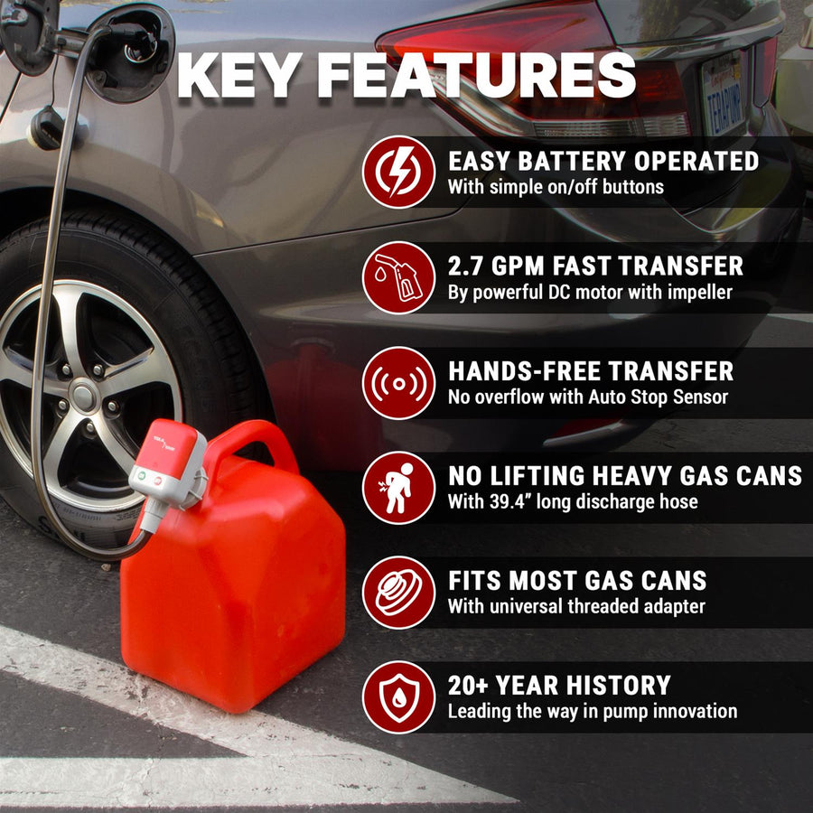 battery fuel transfer pump features auto stop durable hose and universal fit gas can pump