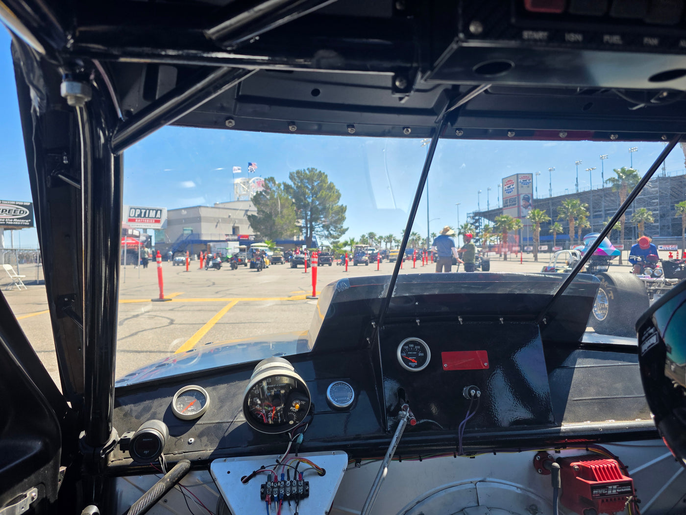 View from inside a race car cockpit in the staging lanes