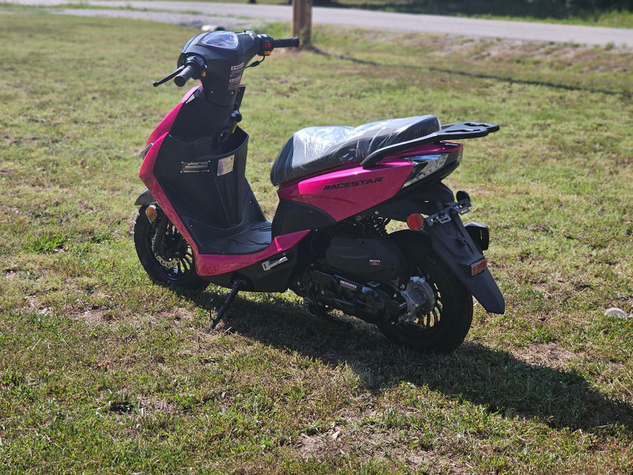 Close-up of the RaceStar 50 Raspberry Scooter handlebars and USB charging port, available at Lee Motorsports near Joplin, MO.
