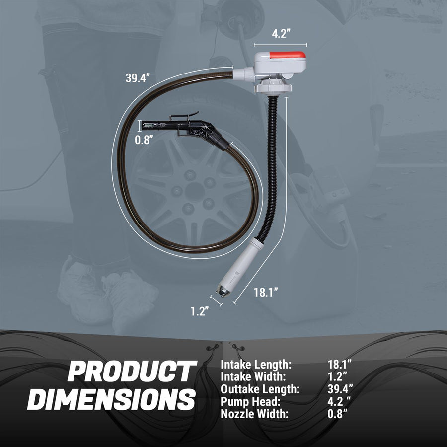 fuel transfer pump dimensions size and hose length portable battery powered gas pump specifications