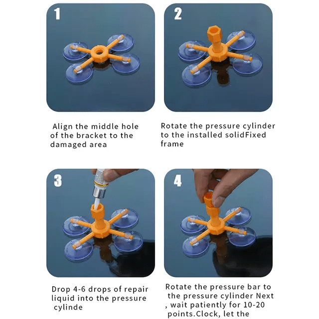 step by step windshield chip repair process using DIY repair kit with injector tool and resin
