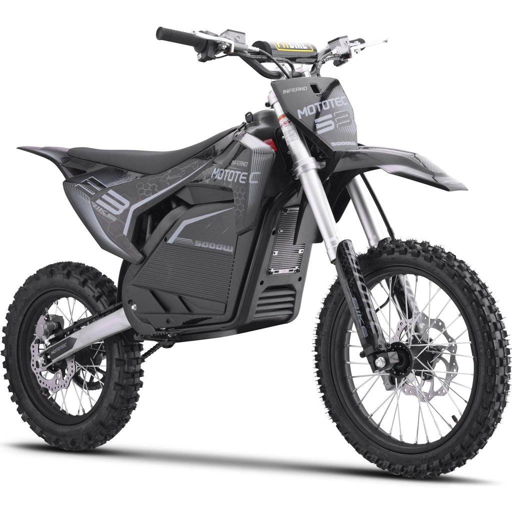 Mototec Electric Dirt Bikes Grey NEW!  MotoTec 72V Pro Electric Dirt Bike 5000w Lithium, 30Ah, brushless, front and rear suspension and hydraulic brakes, bluetooth - 100% Financing Available!  In Stock Now for Limited Time!