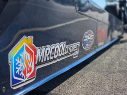 MRCOOL DIY Direct dragster race car side panel at Las Vegas drag strip showing sponsor branding on professional drag racing vehicle