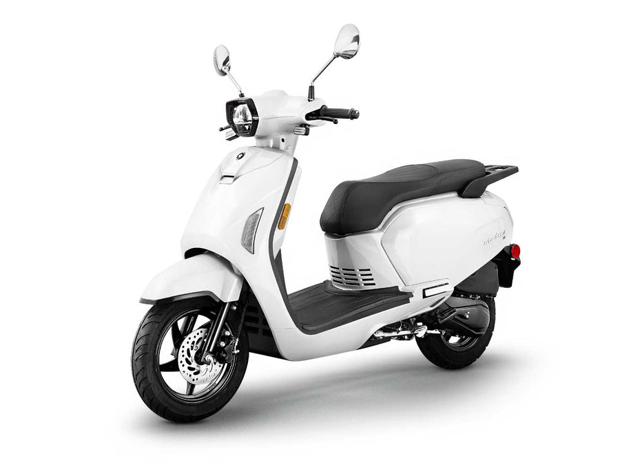 Scootstar Modstar 150 white scooter front view LED headlight and styling