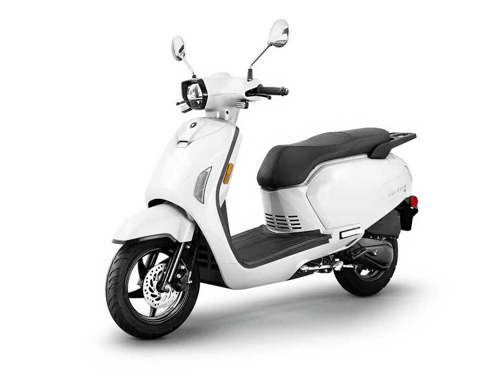 Scootstar Modstar 150 white scooter front view LED headlight and styling