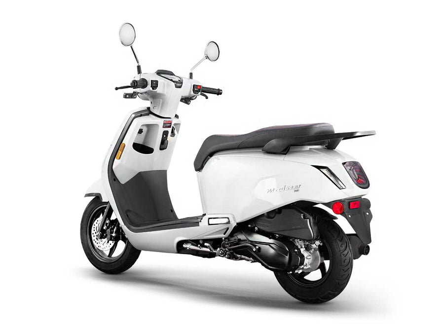 Scootstar Modstar 150 white scooter rear angle showing tail and seat