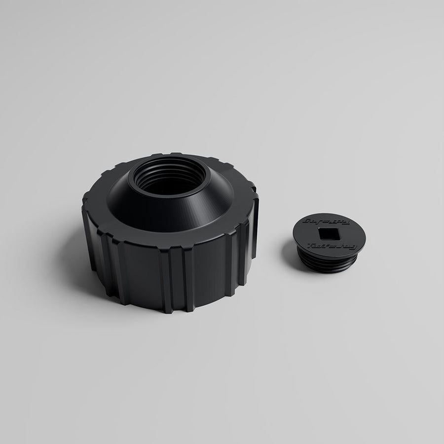 Top view of TUFF JUG 1 inch NPT storage cap designed for racing fuel jug and pit fueling applications