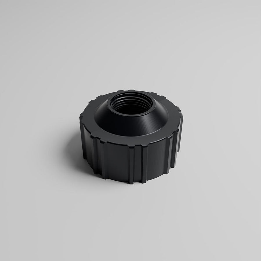 Black TUFF JUG storage cap with integrated 1 inch NPT threaded opening for racing fuel jug accessories