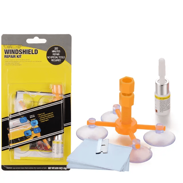 windshield repair kit with resin tool and packaging for fixing small chips and cracks in automotive glass