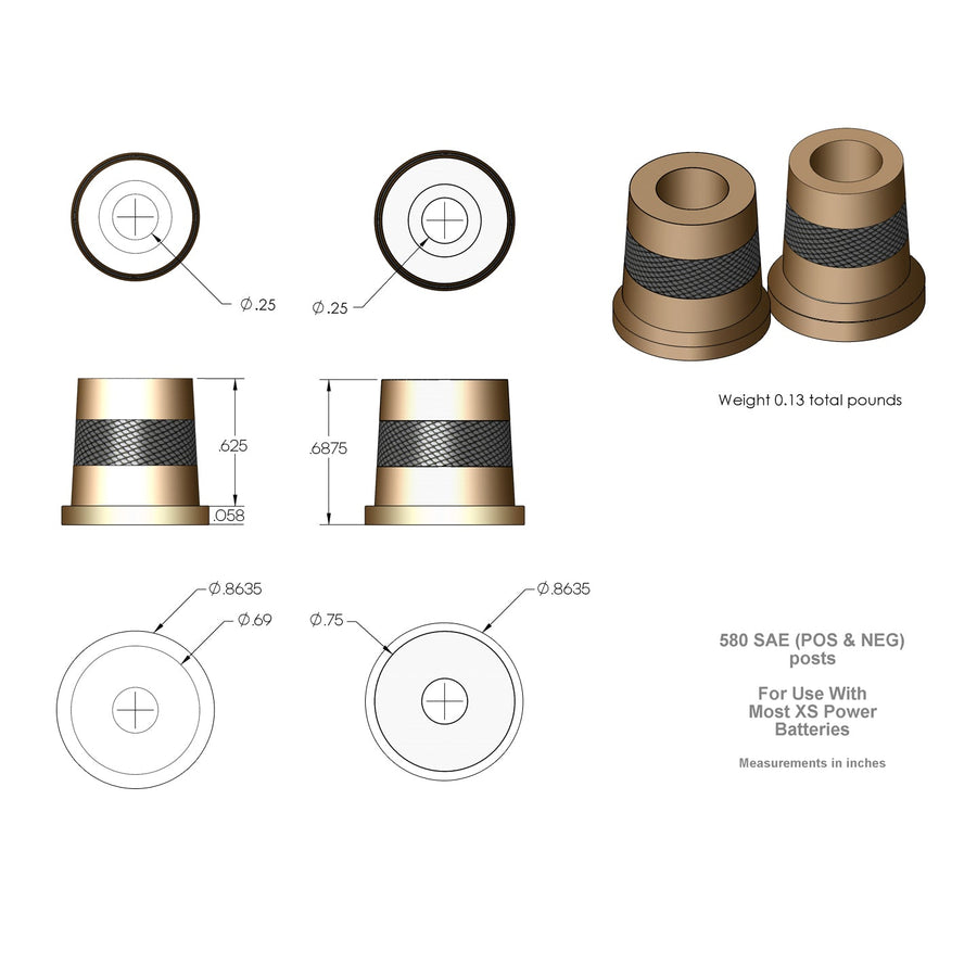Angle view of XS Power 580 short brass battery post adaptors with M6 connections
