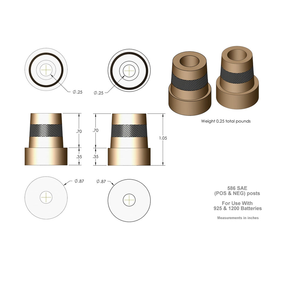 Angle view of XS Power 586 tall brass battery post adaptors with M6 connections