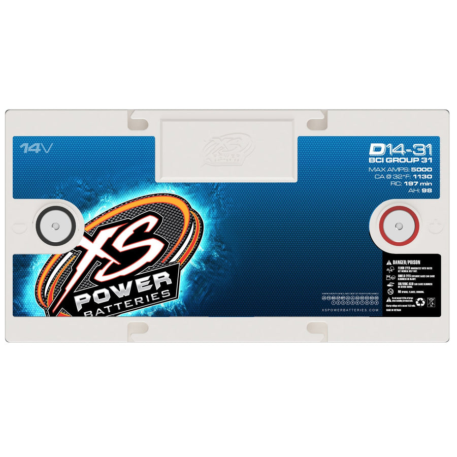 Side label view of XS Power D14-31 Group 31 14V AGM performance battery