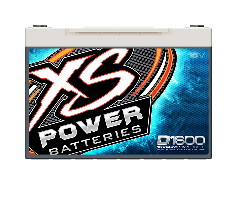 Front angle view of XS Power D1600 16 volt AGM racing battery with Group 34 case