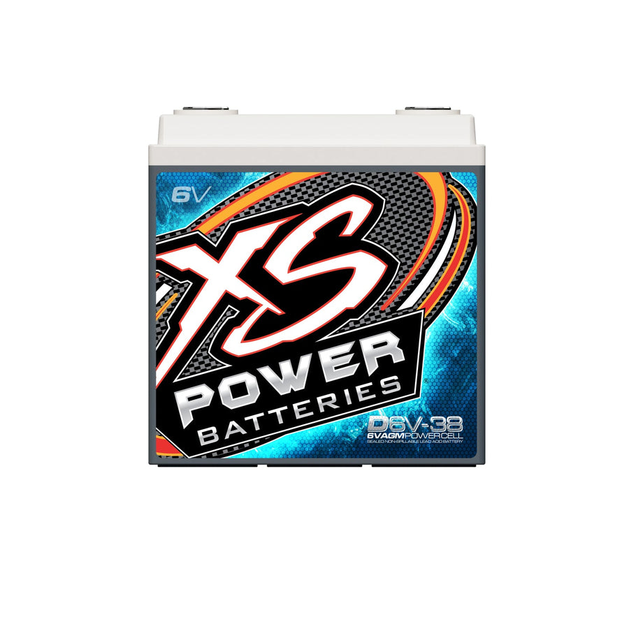 Front angle view of XS Power D6V-38 6 volt AGM golf cart battery