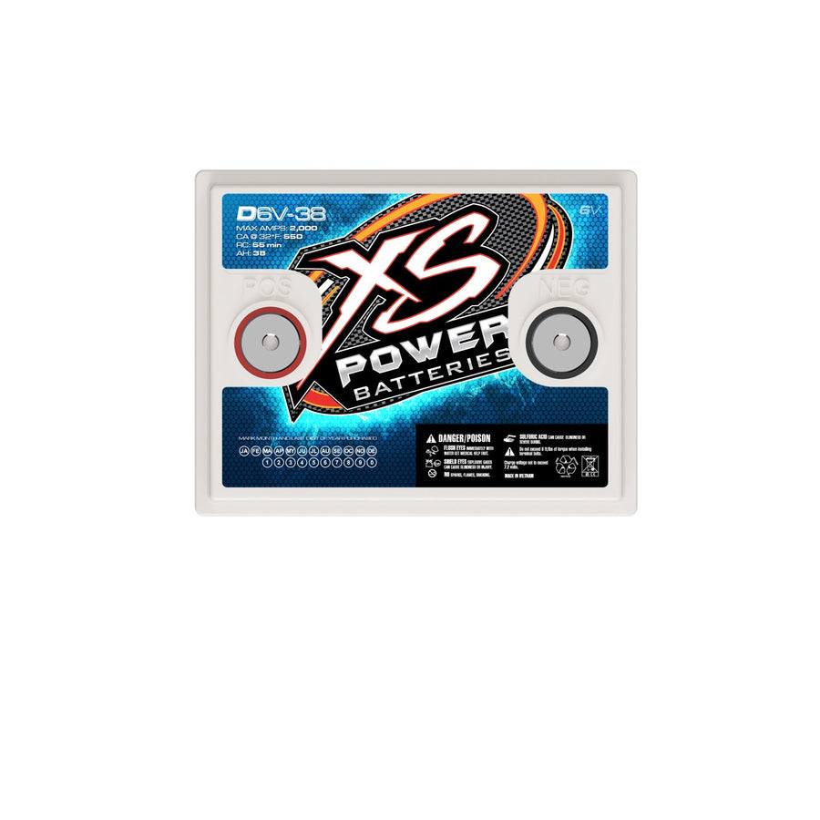 Side label view of XS Power D6V-38 6V AGM golf cart battery
