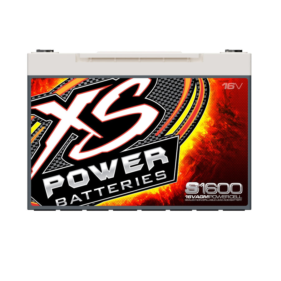 Front angle view of XS Power S1600 lightweight 16 volt AGM racing battery