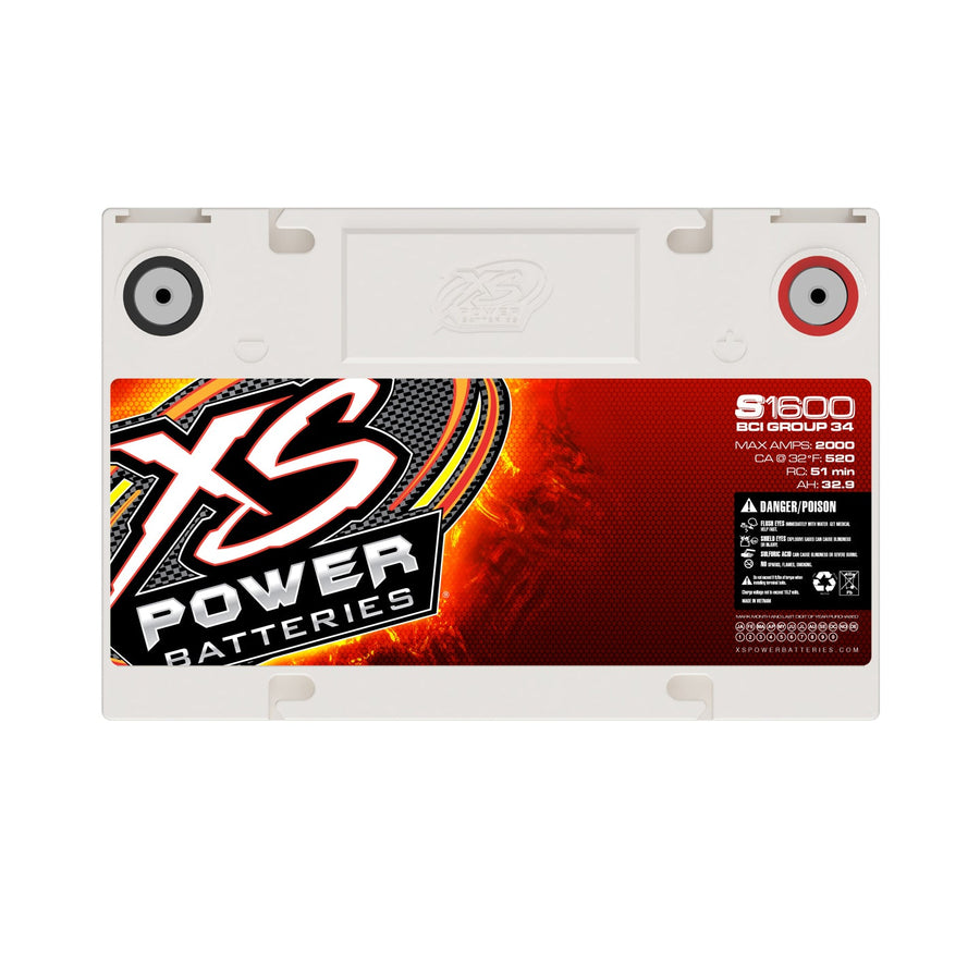 Side label view of XS Power S1600 lightweight 16V AGM Group 34 racing battery