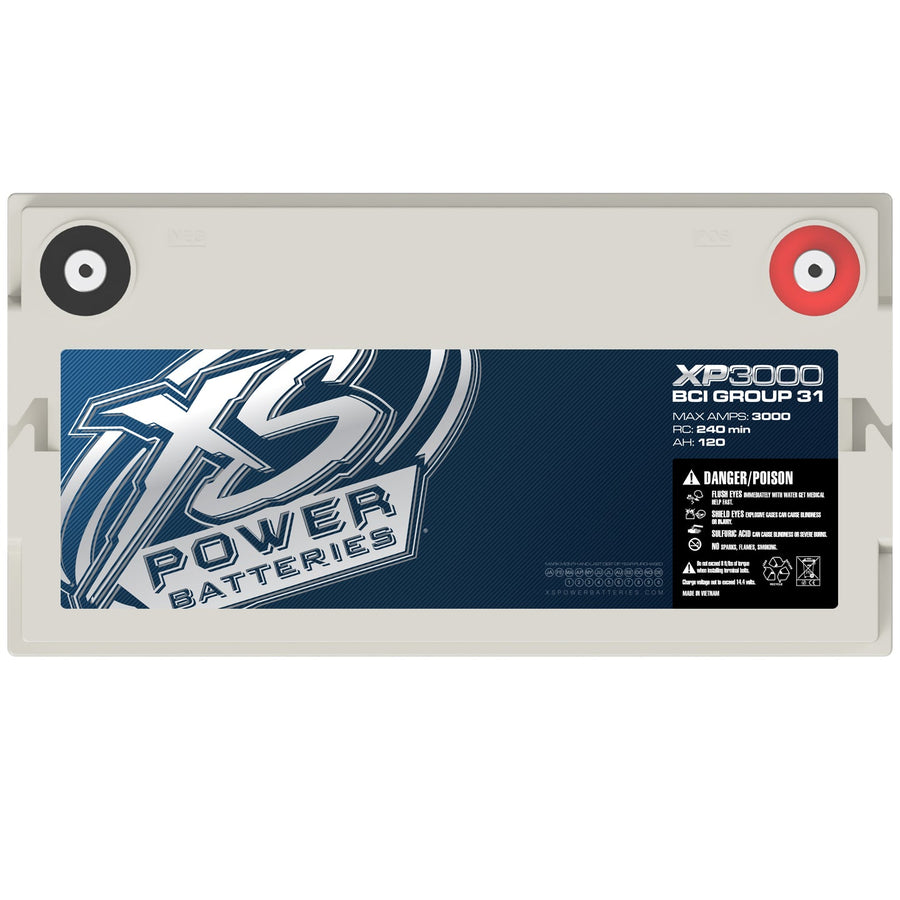 Side label view of XS Power XP3000 12V AGM Group 31 reserve battery