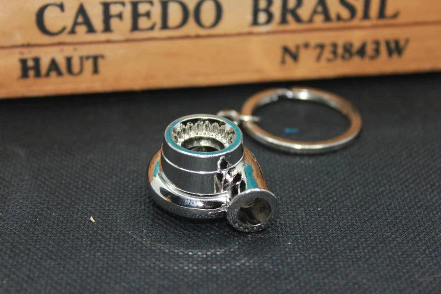 Turbocharger key ring accessory for car enthusiasts with spinning turbine